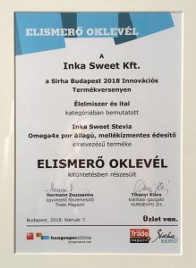 Inka Sweet Stevia Omega 4x - Sirha Innovációs Termékverseny Oklevél